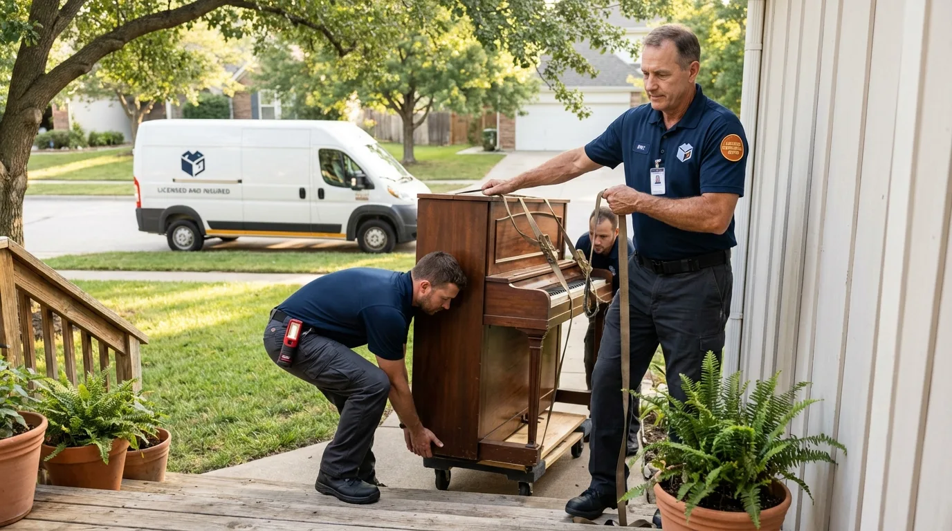 Licensed piano movers securing grand piano in Woodstock, VT