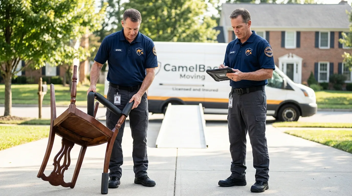 Movers inspecting furniture for damage prevention before loading in Woodstock, VT
