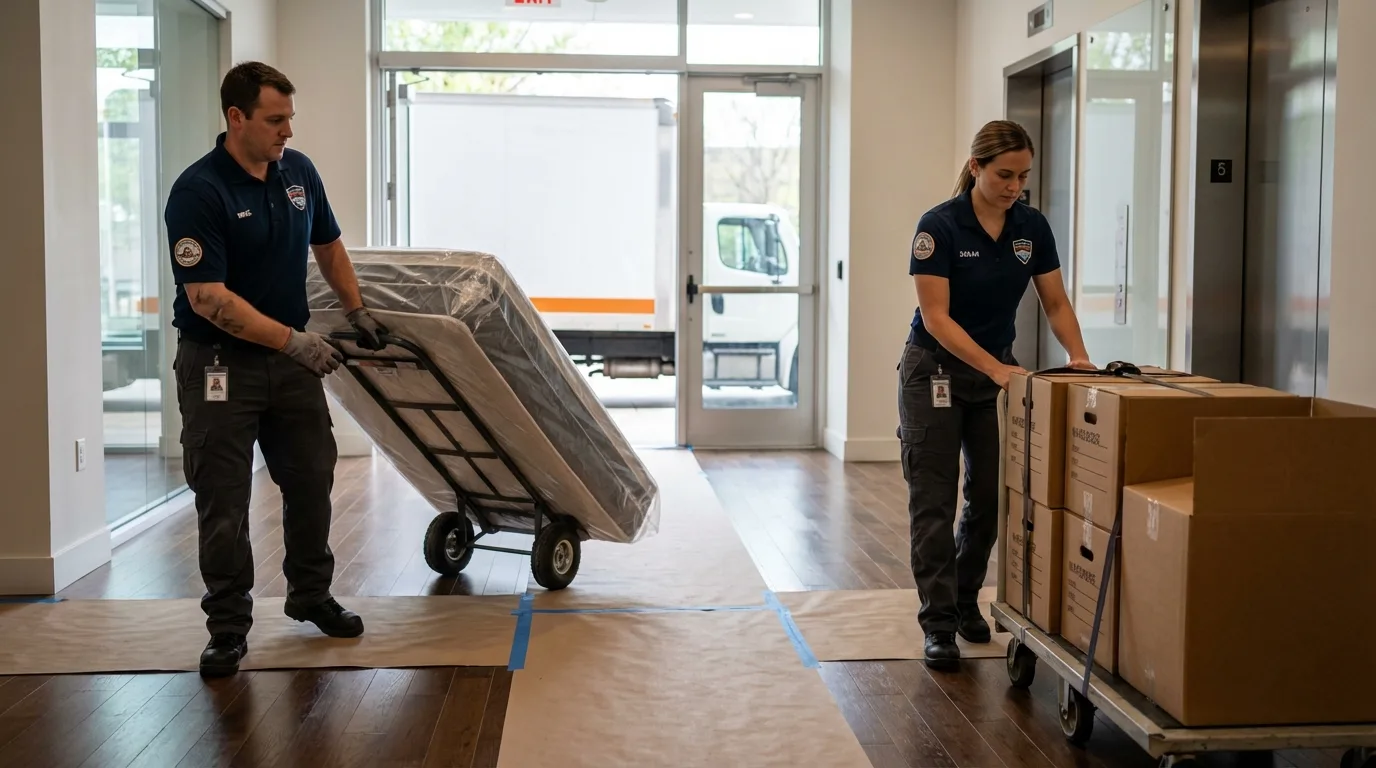 Professional apartment movers loading elevator in Woodstock, VT