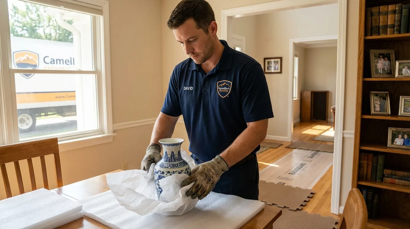 Professional crew carefully wrapping antique vase for senior downsizing move in Woodstock, VT