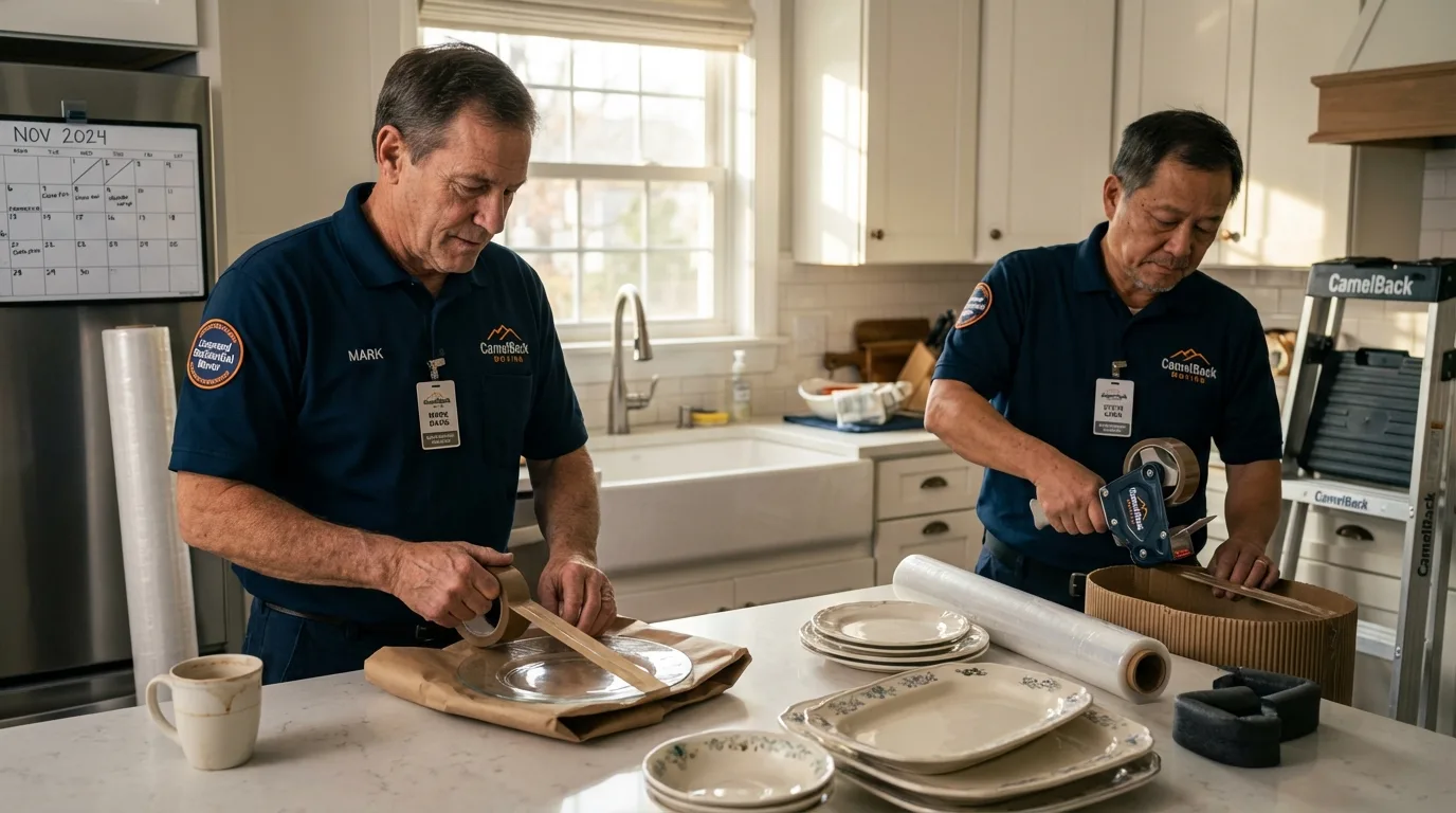 Professional crew packing kitchen dishware in Woodstock, VT